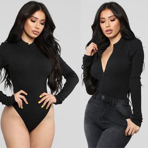 Mock Neck Zip Front Long Sleeve Bodysuit - Picture 3 of 3
